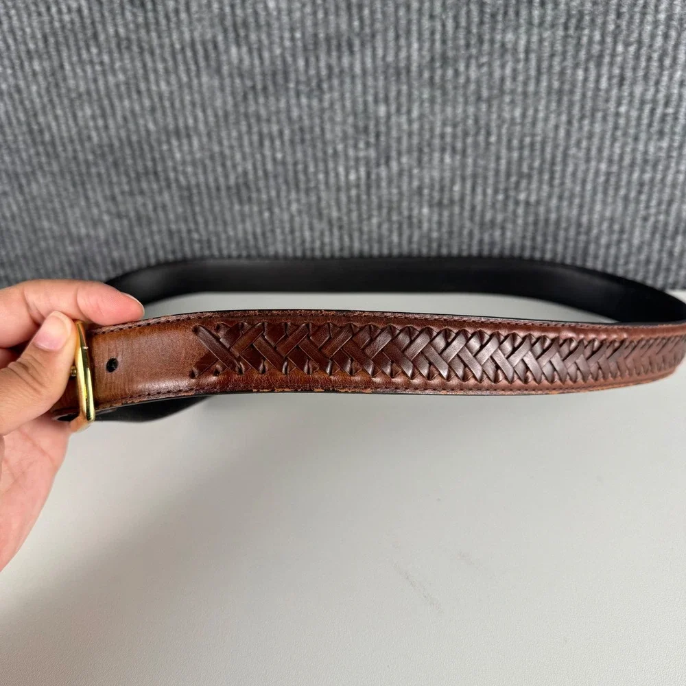 Brown Genuine Leather Woven Lattice Belt‎ Gold Buckle Size 40 8000T Mens Brown